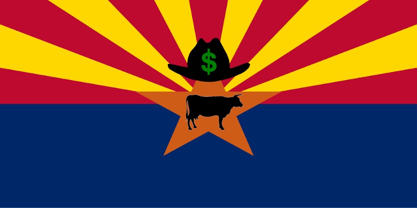 Arizona state flag with cowboy hat and cow